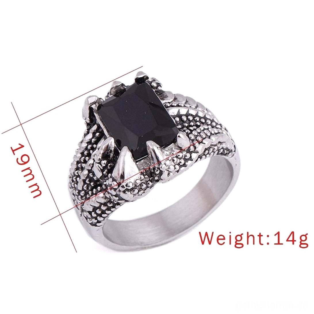 Drachenkralle Gothic Ring Spezifikationen Abmessungen 19mm Bandbreite 14g Gewicht Frontansicht mit Messungsreferenz schwarzer Onyx