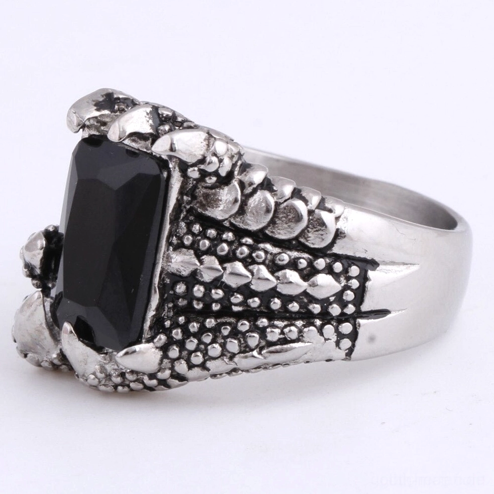 Seitenprofil Drachenkralle Gothic Ring linke Seite Tiefe des Steins inneres glattes Band Schwarzer Onyx Edelstahl