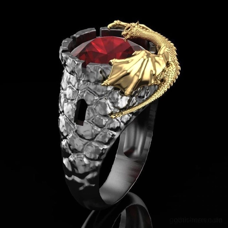 Anthrazit-grauer Drachen-Wrap-Ring mit großem rotem Mittenstein und goldenem spiralförmig gewundenem Drachenmotiv auf schwarzem Untergrund, Alternative Schmuckstück