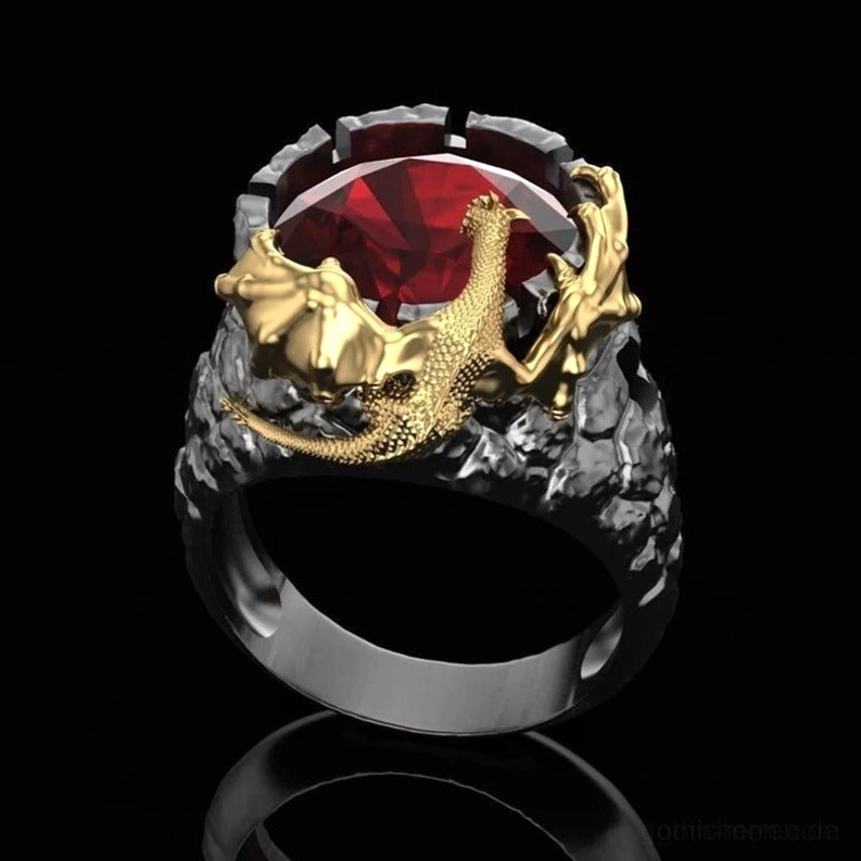 Silberner sitzender Drachenkralle-Ring mit großem rotem zentralem Edelstein auf rauem strukturiertem Band, gotischer Alternative Statement-Schmuck