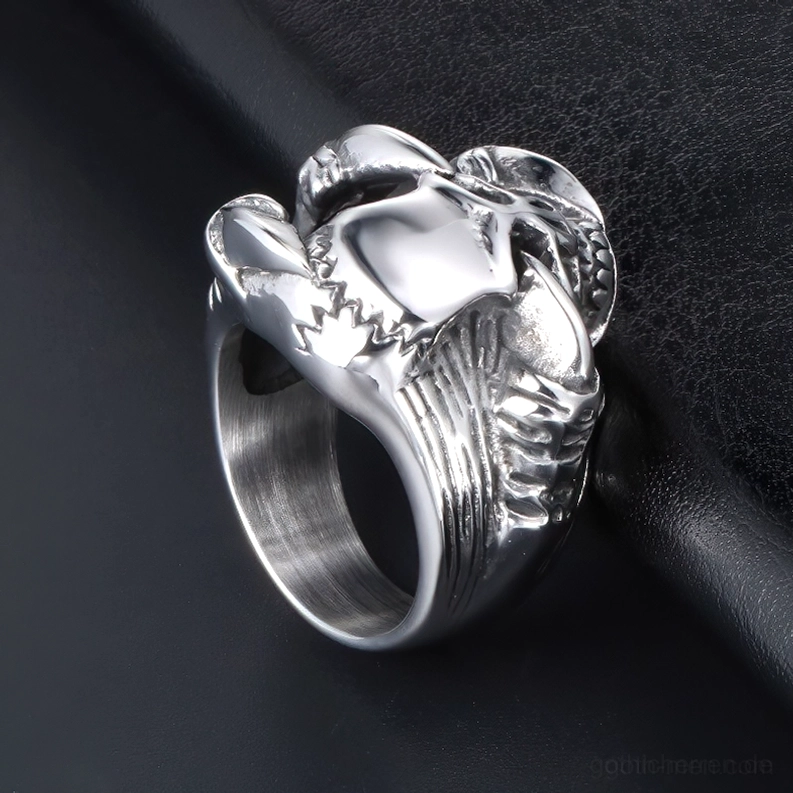 Drachenkrallen Totenkopf Ring Rückansicht glatte Innenseite Rückseite Gravur Edelstahl gothic