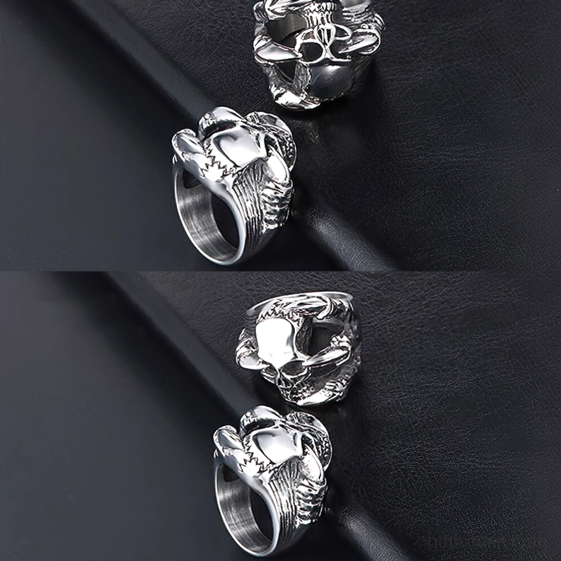 Mehrere Drachenkrallen Totenkopf Ringe verschiedene Größen Lederhintergrund Edelstahl Gothic Kollektion