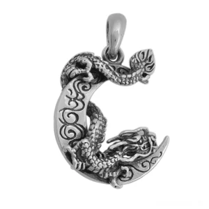 Drachenmond Sterling Silber Gothic Anhänger Frontansicht mit feinen handgravierten Details und antikem Silberfinish mystische gotische Halskette