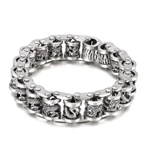 Drachenmotiv Edelstahlarmband Herren Draufsicht Vintage-Silber-Finish gotischer Herrenschmuck Kettenglieder