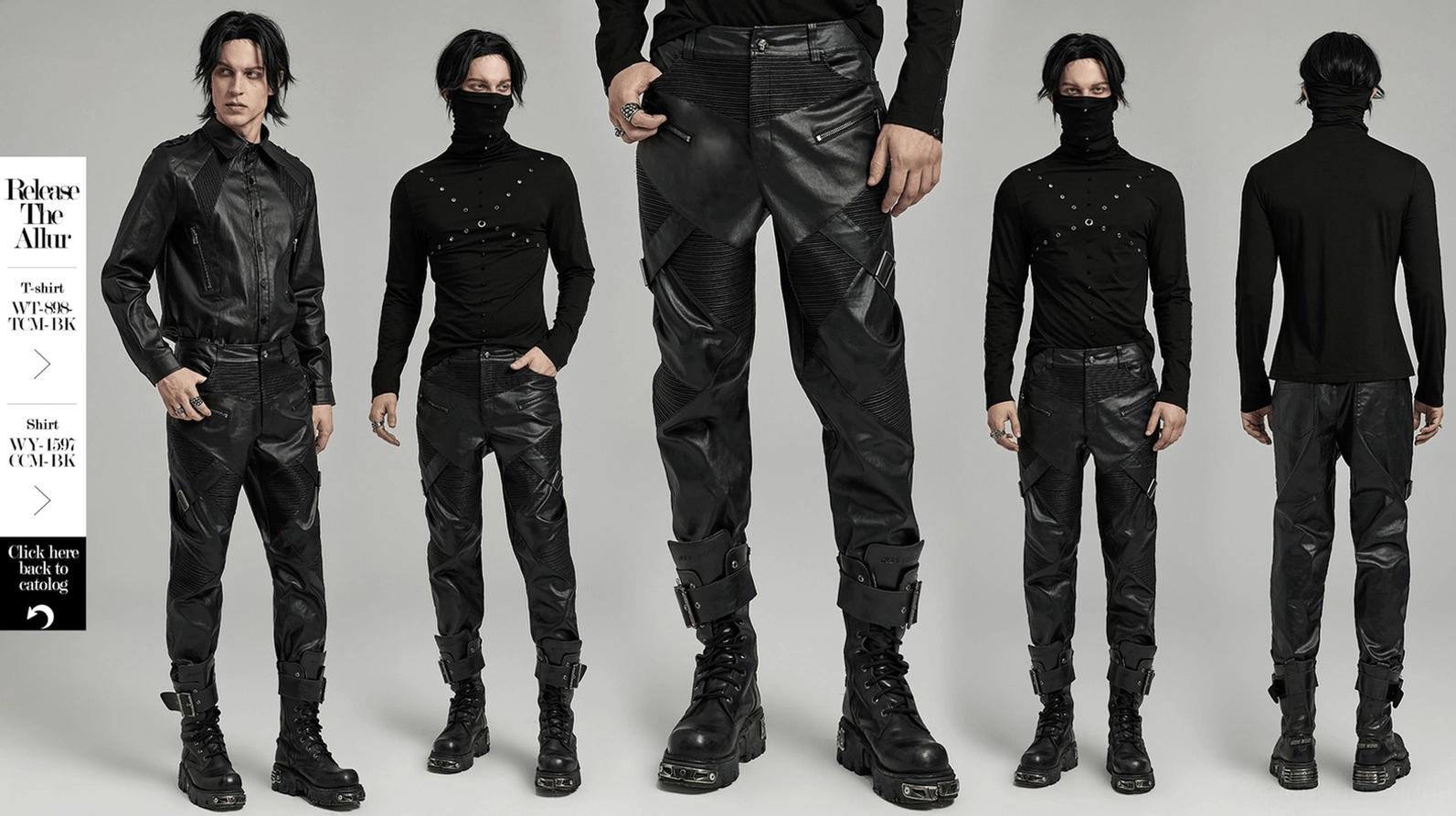Vollständige Frontansicht der Drawstring Gothic Lederhose auf männlichem Modell mit kompletten Stil- und Passformdetails