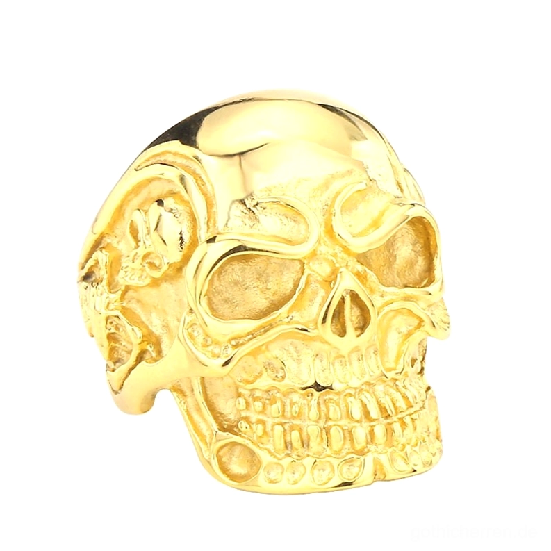 Polierter goldtoniger Dreifach-Totenkopf-Ring mit Vintage-Design-Details und realistischen Schädel-Schnitzarbeiten, Draufsicht-Frontalansicht, Alternative-Schmuckstück