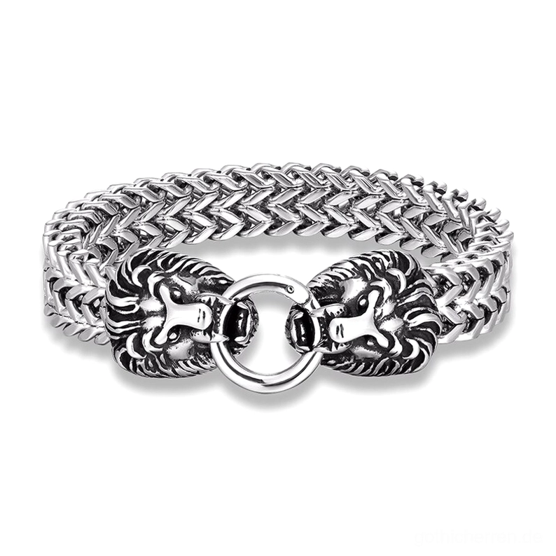 Dual Löwenkopf Edelstahl Gothic Punk Armband mit geflochtener Panzerkette, Silberfinish, Draufsicht Flachlage ansicht des luxuriösen gotischen Kettenschmucks
