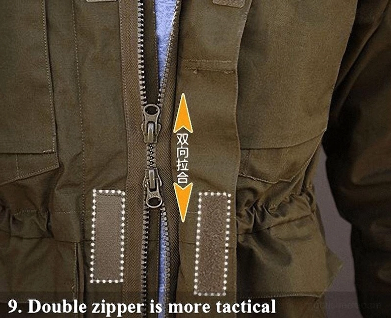 Dual-Way taktischer Reißverschluss System und Military Doppel-Verschluss Design auf gothischer taktischer Jacke Detailaufnahme