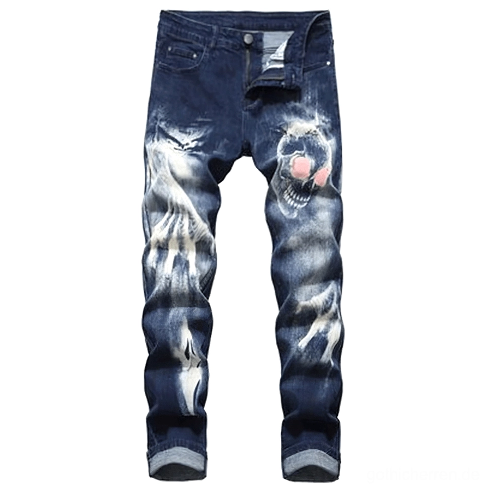 Dunkelblau Gothic-Schädel-Jeans mit Geisterhand- und Schädel-3D-Drucken - Frontansicht mit aufgerollten Säumen
