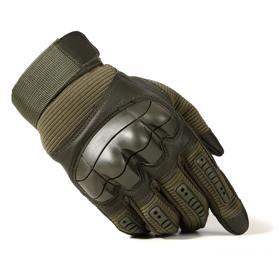 Dunkelolivgrüne hochglanz-PU-Leder-Taktik-Handschuhe mit Vollfingerdesign, verstärkter Knöchelrüstung und dehnbaren Textilpaneelen für professionelle Einsätze und gothic-taktischen Stil