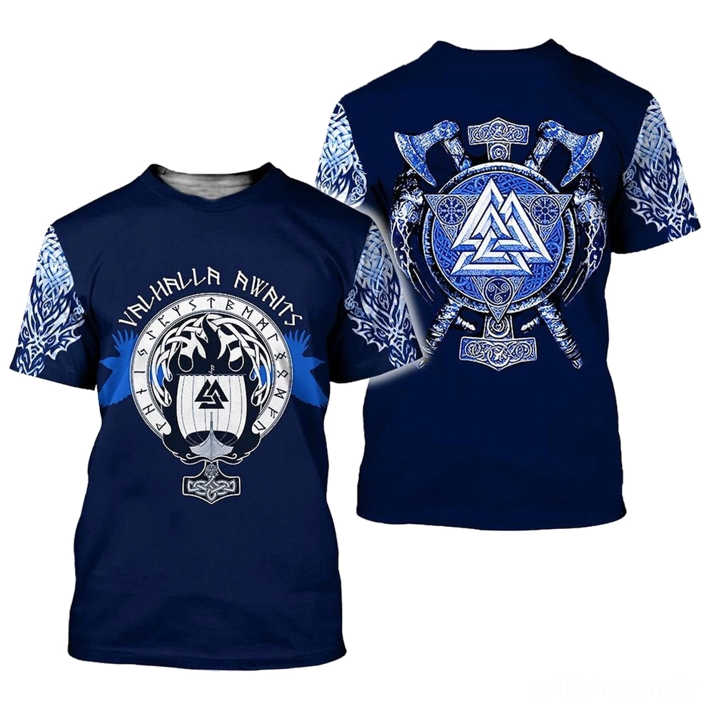 Rückansicht des dunkelblauen Viking Gothic T-Shirts mit großem zentralem Valknut-Design, gekreuzten Wikinger-Äxten und passenden keltischen Knotenmuster auf den Ärmeln, nordische Mythologie Rückendruck auf weißem Hintergrund