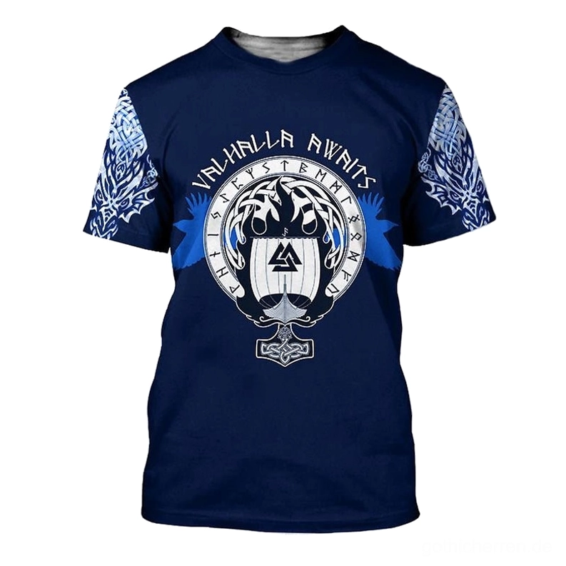 Dunkelblaues Viking Runen-Kreis T-Shirt mit Kriegsschiff und mythologischen Drachen Frontdruck, flache Ansicht auf weißem Hintergrund, Gothic Norse Mythology Tee mit keltischen Knotenmuster an den Ärmeln