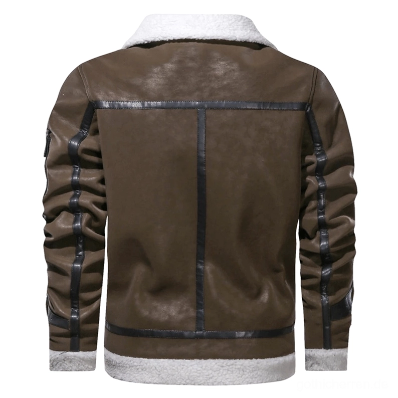 Rückansicht dunkelbraune Gothic Lederjacke mit weißem Shearling-Saum-Trim, schwarzem Naht-Binding und qualitätiver Verarbeitung