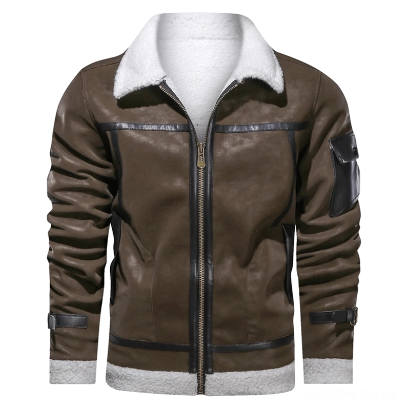Dunkelbraune Gothic Lederjacke Vorderansicht mit weißem Shearling-Kragen, schwarzem Kontrast-Piping und strukturiertem Umlegekragen