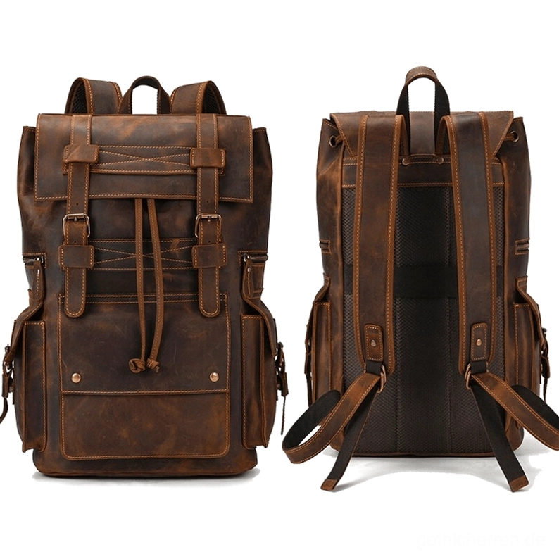 Dunkelbrauner Gothic Rucksack mit gepolsterten Schultergurten und Nieten-Dekoration - Vorder- und Rückenansicht