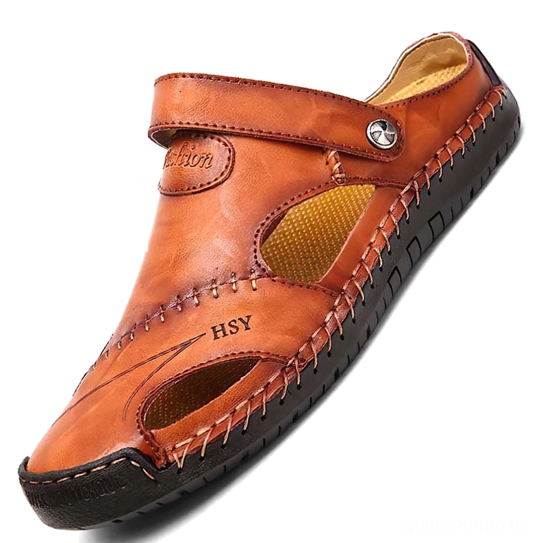 Dunkelbraun-Rotbraun gefärbte gotische Leder-Sandalen für Herren mit handgenähtem Saum und Buckle-Verschluss – Vintage Dark Aesthetic Moccasins