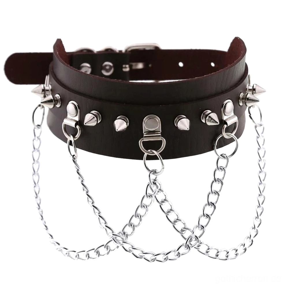Dunkelbraun veganer Leder Spike Choker mit Zinklegierungs-Ketten-Schichtung und Kegel-Spike-Dekoration, klassisches Design mit Flat-Lay Produktfoto