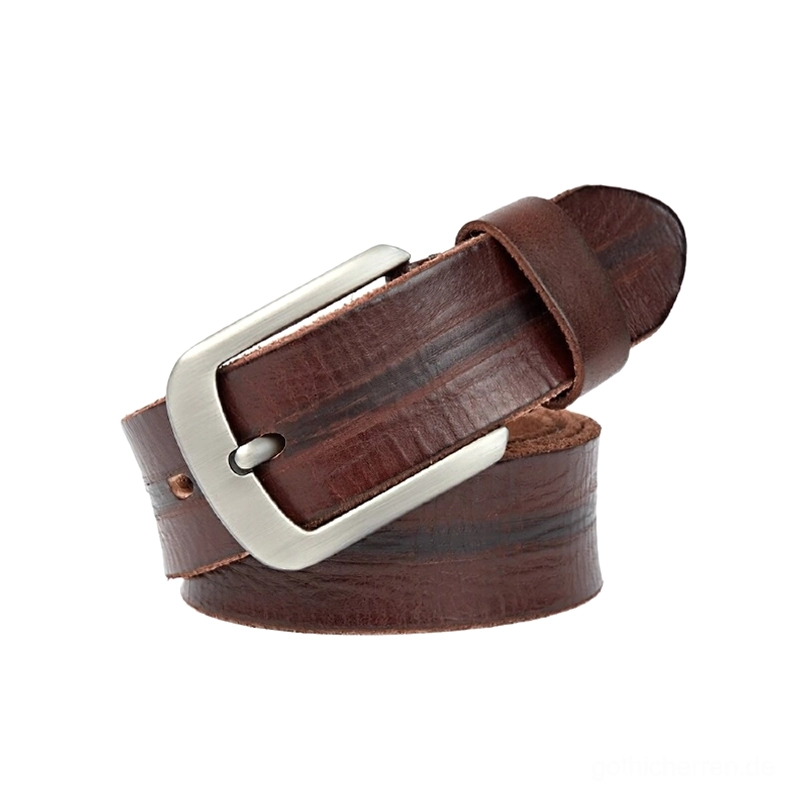 Dunkelbraun vintage Leder Gothic Gürtel mit charaktervoller Maserung und rechteckiger Silberschnalle, professionale Flat-Lay-Studio-Ansicht des Accessoires