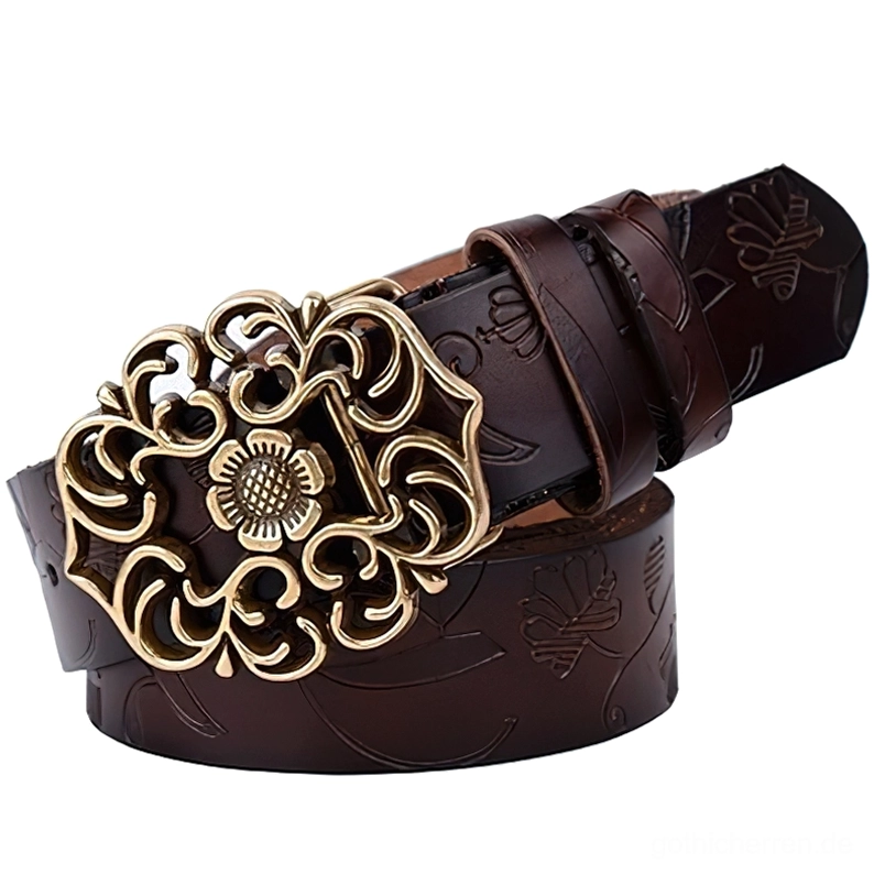 Dunkelbrauner Prägeledergürtel mit botanischen Prägungen und hohler Bronze Blüten-Schnalle, gotisches Accessoire, Flachlage Seitenansicht