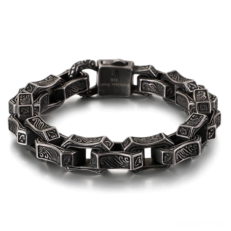 Dunkelgraues gothic Edelstahl Herrenarmband mit Gravur – Kettenglieder Vorderansicht schwarze Oberfläche