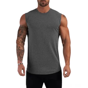 Dunkelgrau Gothic Muskelshirt Herren Vorderansicht, minimalistisches Design ärmellos, Crew-Neck Ausschnitt, elegante Dunkelfarbe