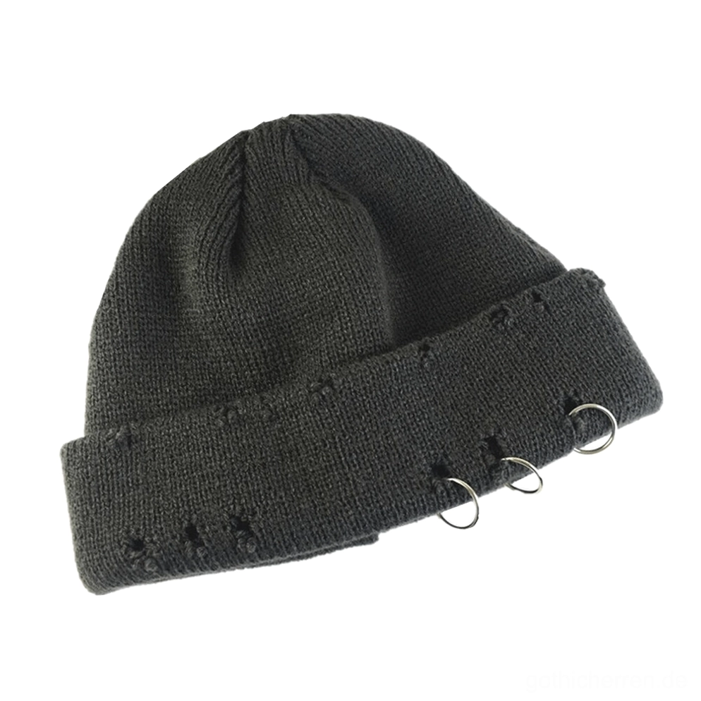 Dunkelgrau Gothic-Strickmütze mit Distressed-Struktur und Metallring-Hardware, Industrial-Ästhetik für Corporate Goth