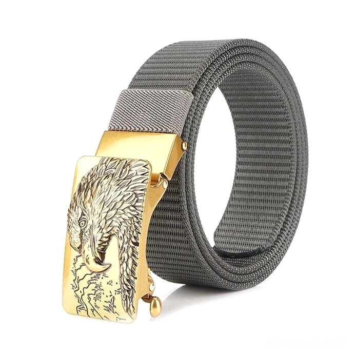Dunkelgrauer Tactical Canvas Gürtel mit goldfarbener Adler-Schnalle zeigt düstere Gothic-Farboption und Metallhardware-Finish