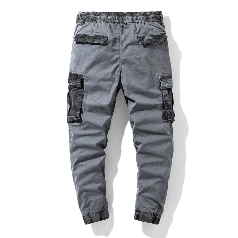 Dunkelgraue Gothic Cargo Joggers Rückenansicht mit mehreren Utility-Taschen Cargohose Details