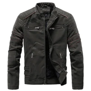 Dunkelgraue Herren-Motorradjacke aus PU-Leder mit flauschiger Fleece-Fütterung und gesteppten Ärmeln, flache Display-Ansicht der gothic Lederjacke
