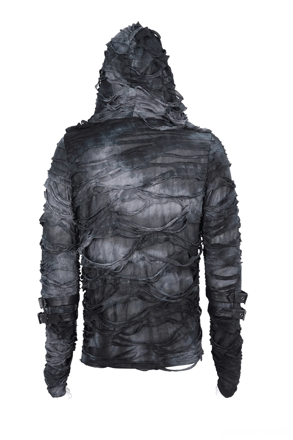 Rückansicht des dunkelgrauen Gothic Ripped Hoodie auf Mannequin mit angebrachter Kapuze und geschichteter zerrissener Konstruktion