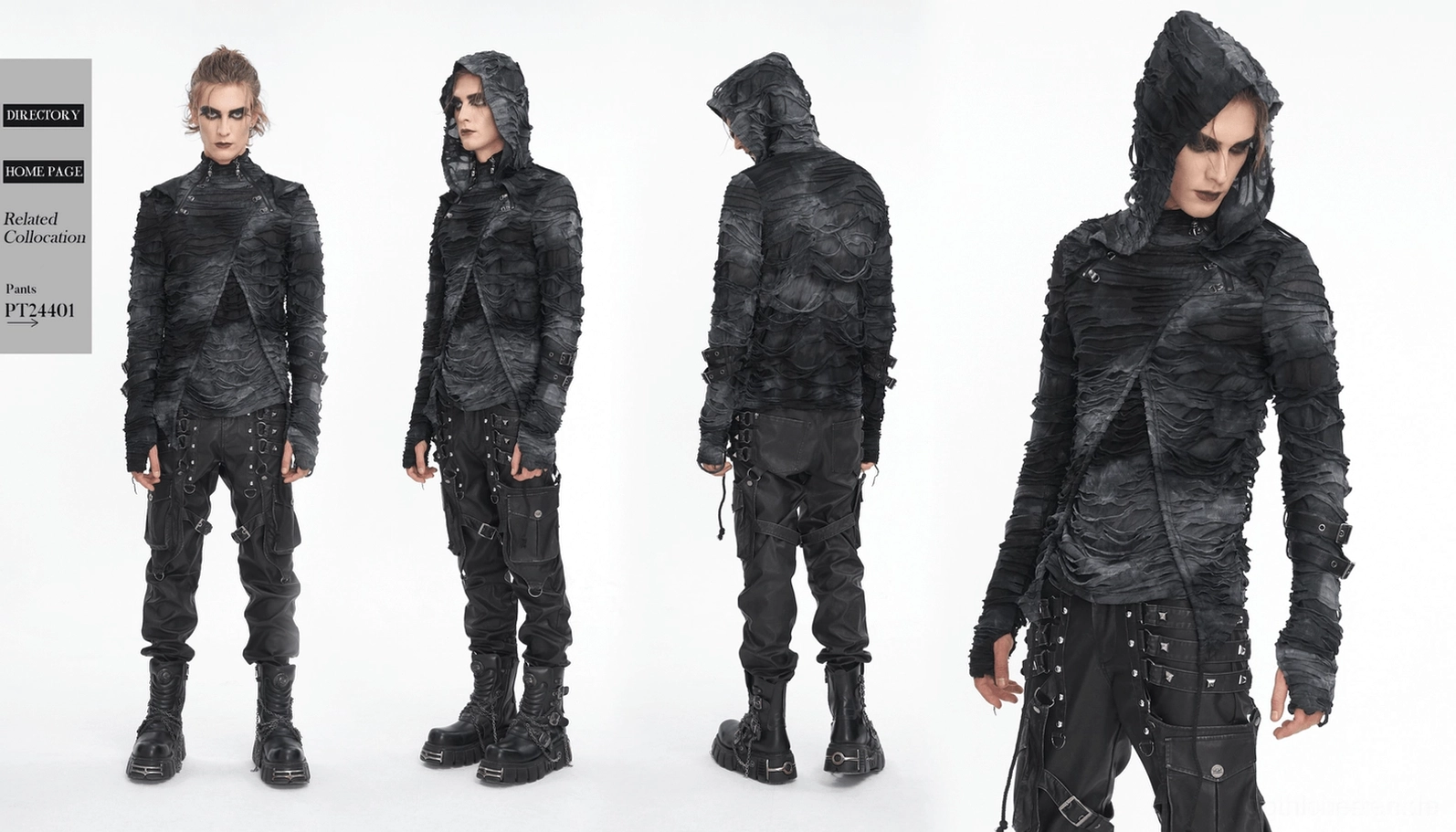 Vollständige Ganzkörper-Mannequin-Ansicht des dunkelgrauen Gothic Ripped Hoodie in Studio-Setting mit kompletter Design-Ästhetik