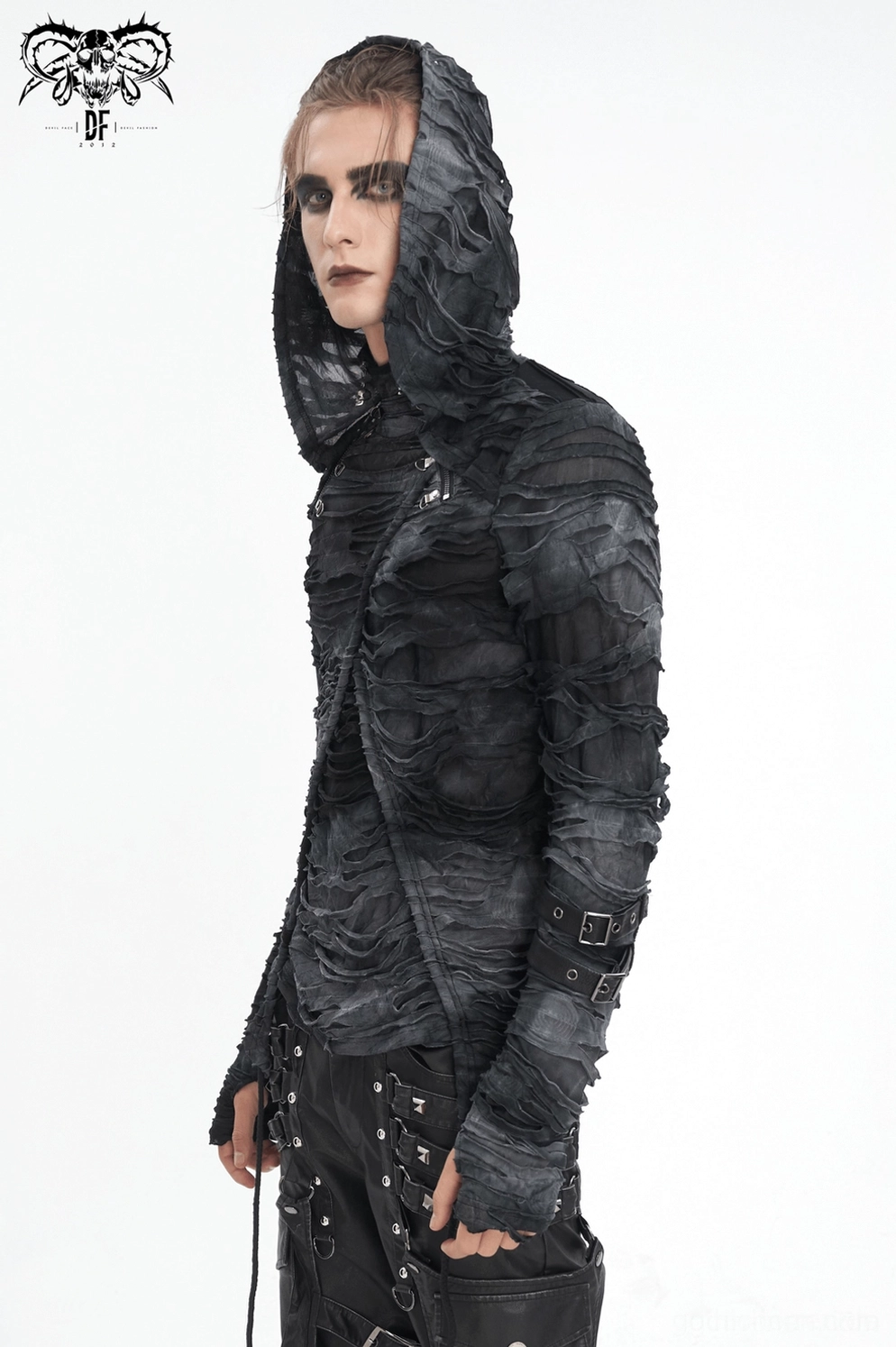 Vollständige Frontansicht des dunkelgrauen Gothic Ripped Hoodie auf Mannequin mit Split-Saum und Kordelzug-Details