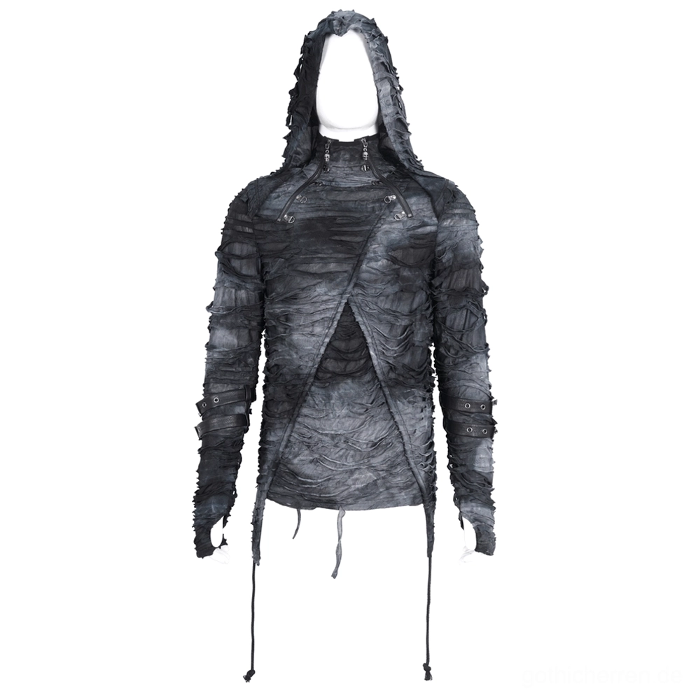 Dunkelgrauer Gothic Ripped Kapuzenpullover auf Display-Mannequin Frontansicht mit asymmetrischem Saum und Split-Design