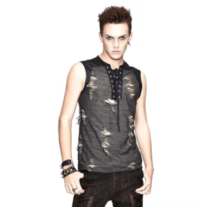 Dunkelgraues Gothic Distressed Muskelshirt mit Schnürung – Vorderansicht mit Kreuzmuster-Neckline und strategisch platzierten Rissen