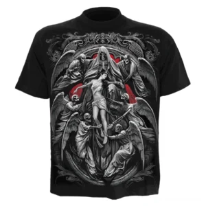 Dunkler Engel 3D gedrucktes schwarzes Gothic T-Shirt Vorderseite – himmlisches spirituelles Punk Design mit erhabenem Engel- und religiöser Ikonografie