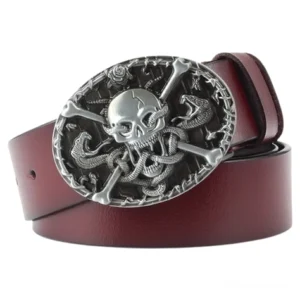 Echter Leder Gothic Gürtel mit silberner Totenkopf-Schnalle, Knochenkeulen und Cobra-Motiven, Bordeaux Vollnarbenleder, unisex Alternative Fashion Accessoire, gothic belt with skull buckle
