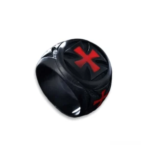 Eisernes Kreuz Biker Ring Seitenansicht Profil mit mattschwarzer Oberfläche und rotem Emaille-Kreuz, Gothic Alternative Schmuckband Detail strukturiert