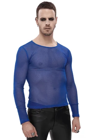 Vorderansicht des elektrisch blauen durchsichtigen Mesh-Netzoberteils für Herren mit Langarm und Gothic-Design, getragen von Modell auf weißem Studio-Hintergrund