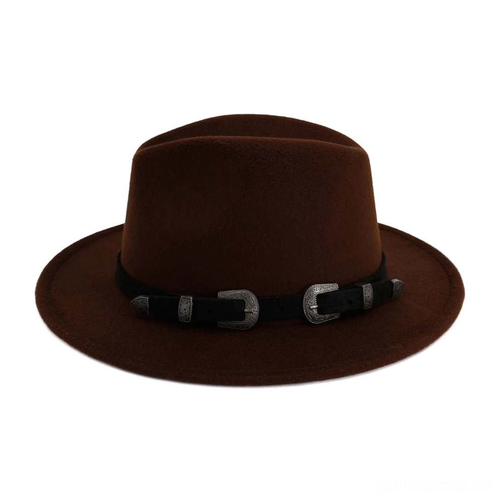 Nahaufnahme Detail antiker Western-Schnallen auf vintage Trilby Fedora Hutband, handwerkliche Verarbeitung