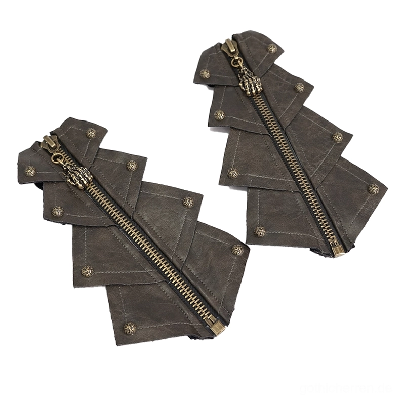 Flache Ansicht von oben der braunen Leder-Fingerlose Gothic Handschuhe mit schädel-förmigem Reißverschluss und gezacktem Paneel-Design