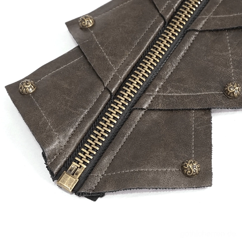 Nahaufnahme der braunen Leder-Fingerlose Gothic Handschuhe mit präzisions-gefertigten Nietdetails und hochwertigem Handwerk