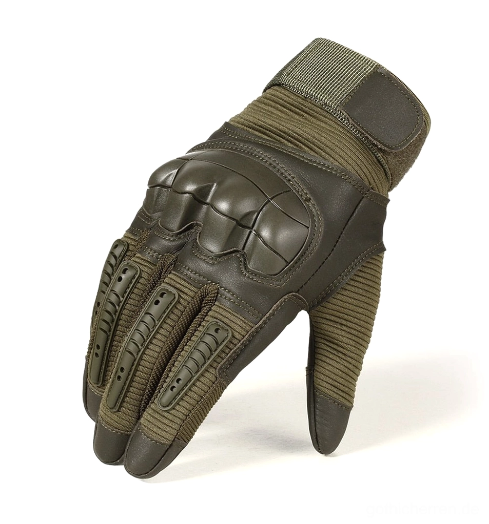 Fingerlose taktische Handschuhe zeigen Design ohne Finger, Hartknöchel-Schutzvorrichtung und Belüftungslöcher für verlängerten Tragekomfort bei extremen Einsätzen und Trainingsszenarien