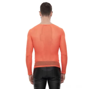 Fluoreszierendes Orange durchsichtiges Netzoberteil, Rückansicht, taillierter Sitz und gerader Saum auf männlichem Model, Gothic Mesh-Langarmshirt
