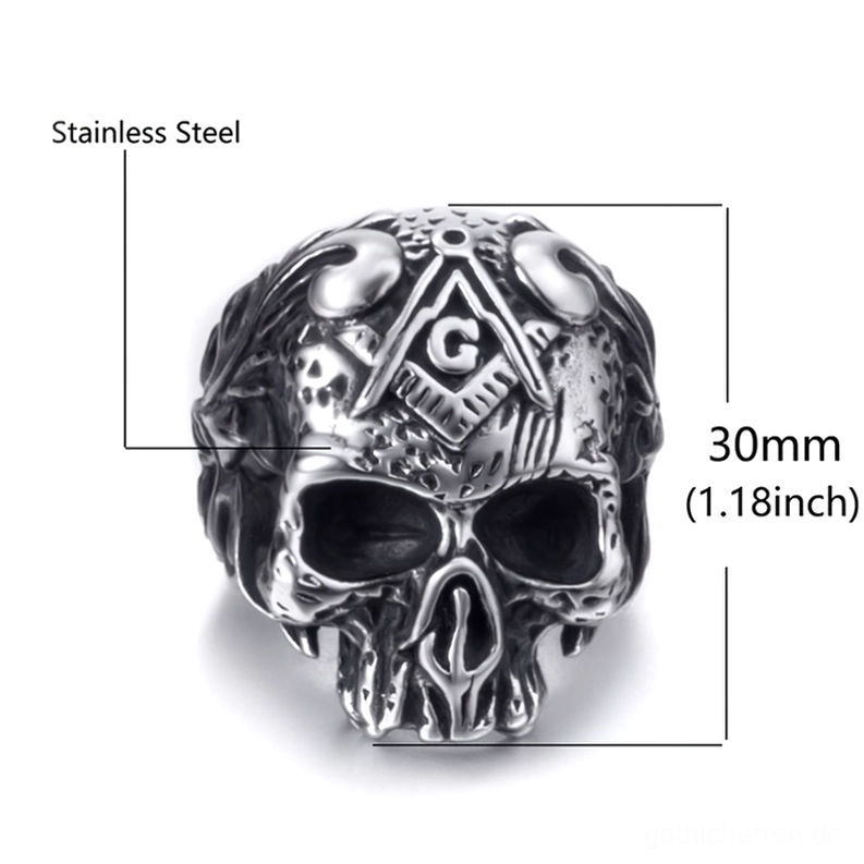 Freimaurer-Totenkopf-Edelstahl-Ring Spezifikationen Draufsicht mit 30mm Höhe und Freimaurer-Symbol-Details, Gothic-Biker-Schmuck