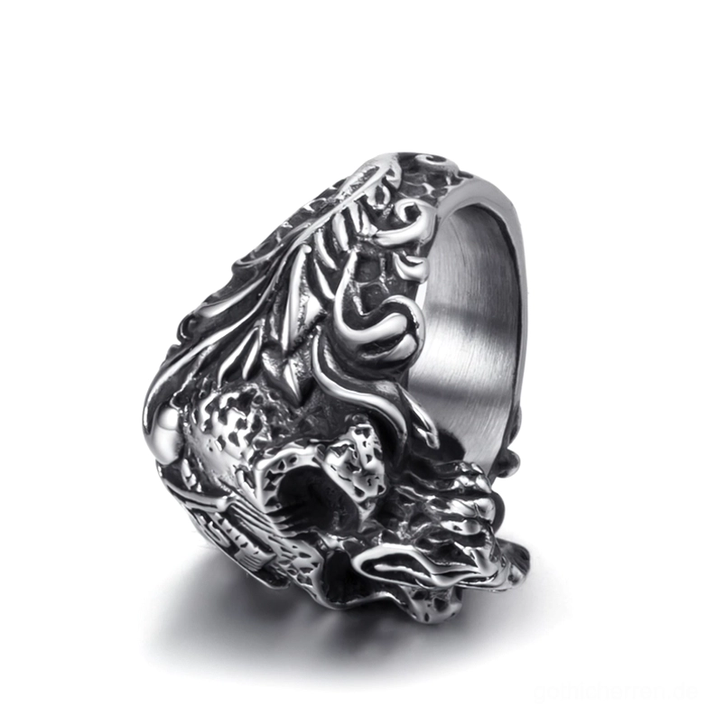 Freimaurer-Totenkopf-Gothic-Ring tiefe Seitenperspektive mit umwickelten Blumengravuren und poliertem Innenring, Edelstahl