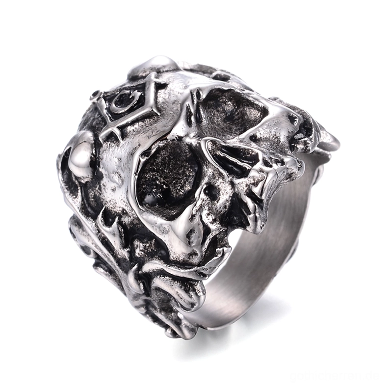 Freimaurer-Totenkopf-Biker-Ring Seitenprofil mit poliertem Innenband und detaillierten Totenkopf-Gravuren aus Edelstahl