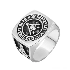 Vintage Freimaurer Totenkopf Siegelring Edelstahl Draufsicht mit Winkelmaß Zirkel Emblem und Totenkopf Totenbein Design Gothic Ring