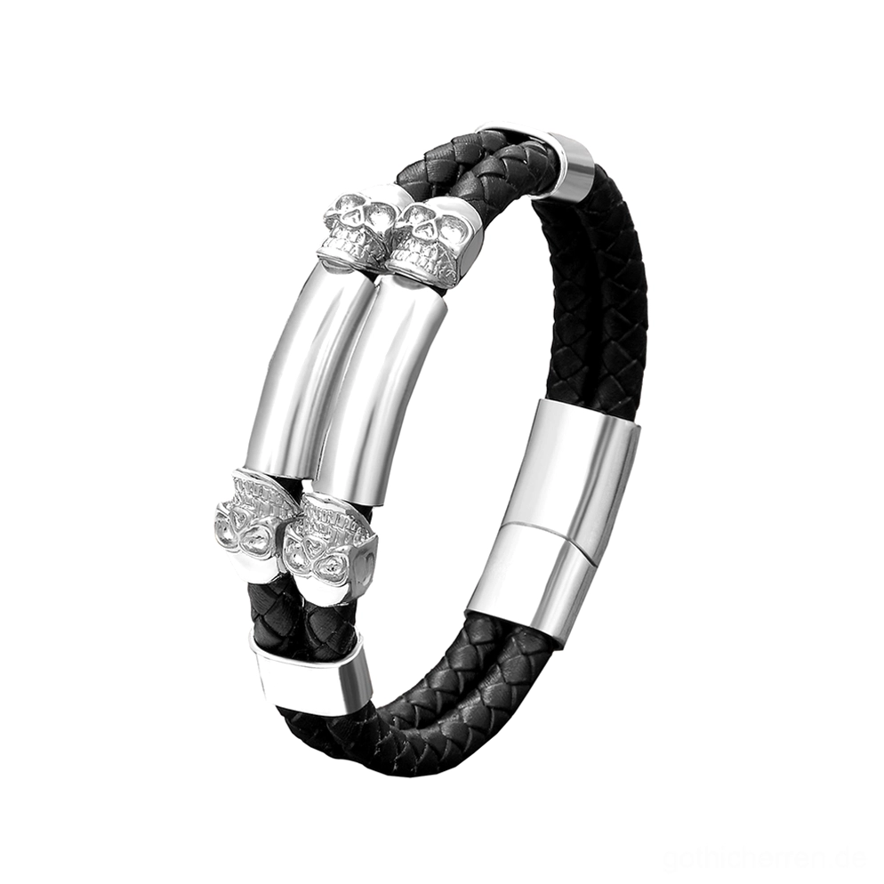 Gebürstetes silbernes Gothic-Totenkopf-Armband mit geflochtenem schwarzem Lederband und sicherem magnetischem Verschluss, Seitenansicht