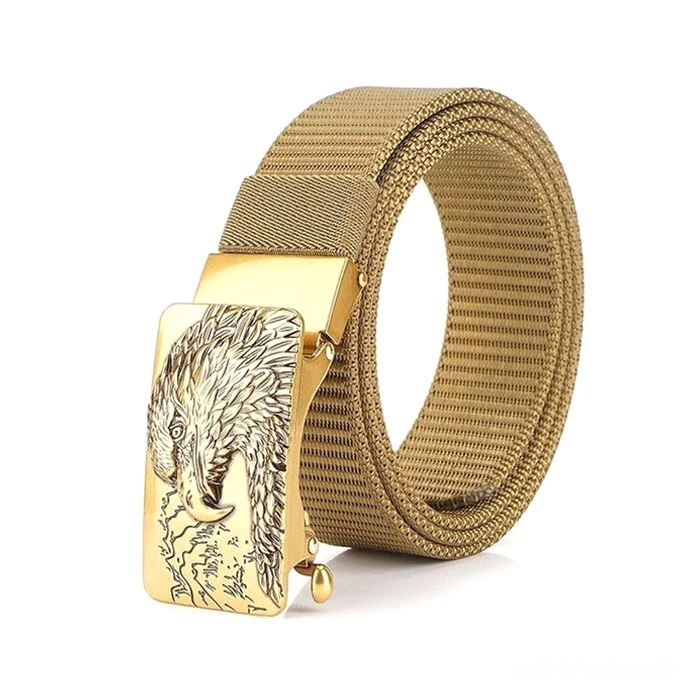 Gelber Canvas Military Gürtel mit goldfarbener Adler-Schnalle unkonventionelle Gothic-Farboption Dreiviertelsicht