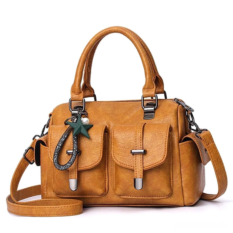 Gelbe gotische Lederschultertasche mit Stern-Anhänger – mutige eklektische Statement Handtasche mit okkultem Charm und dunklem Kontrast